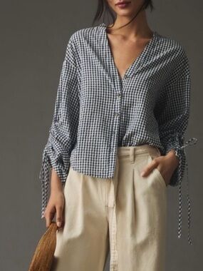 Pilcro Ruched-Sleeve Poplin Blouse Gingham navy blue white XS
